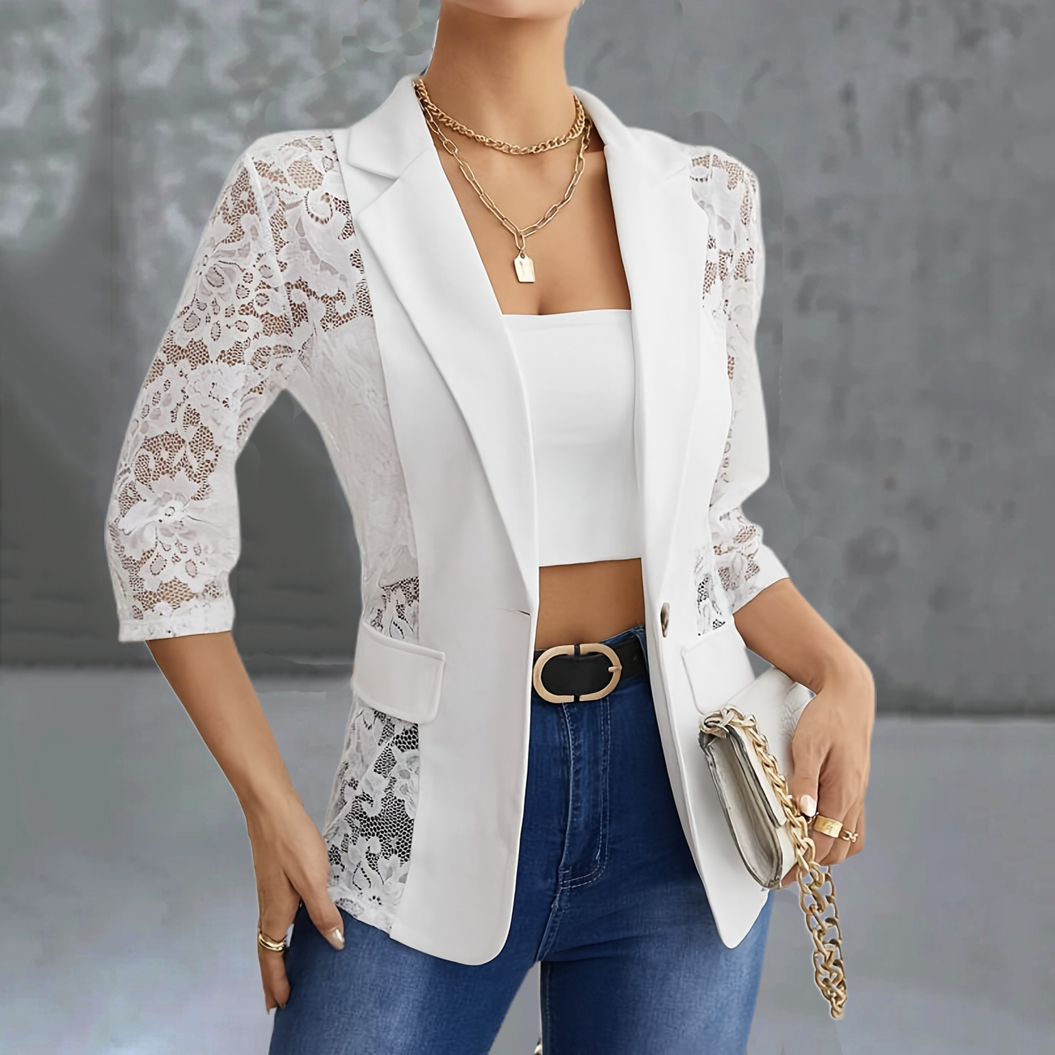 Casual Lace Hollow Out Distressed V Neck Outerwear
