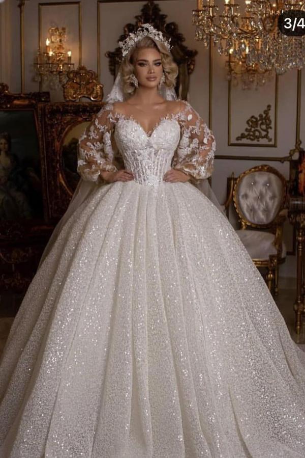 Hidais Luxury Long Ball Gown Puffy Sleeves Wedding Dress With Appliques