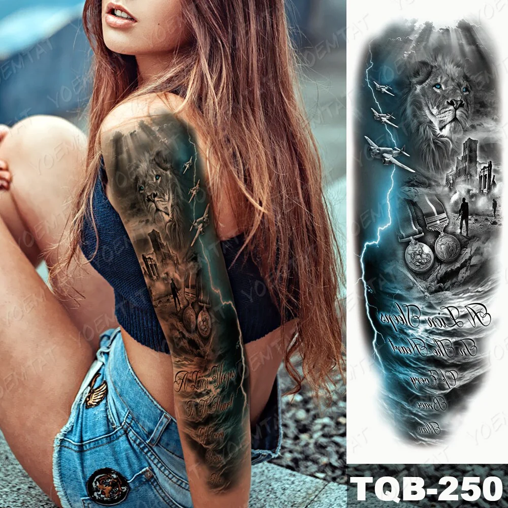 Large Arm Sleeve Tattoo Lion Cross Prayer Waterproof Temporary Tatto Sticker Tiger Beach Compass Body Art Full Fake Tatoo Men