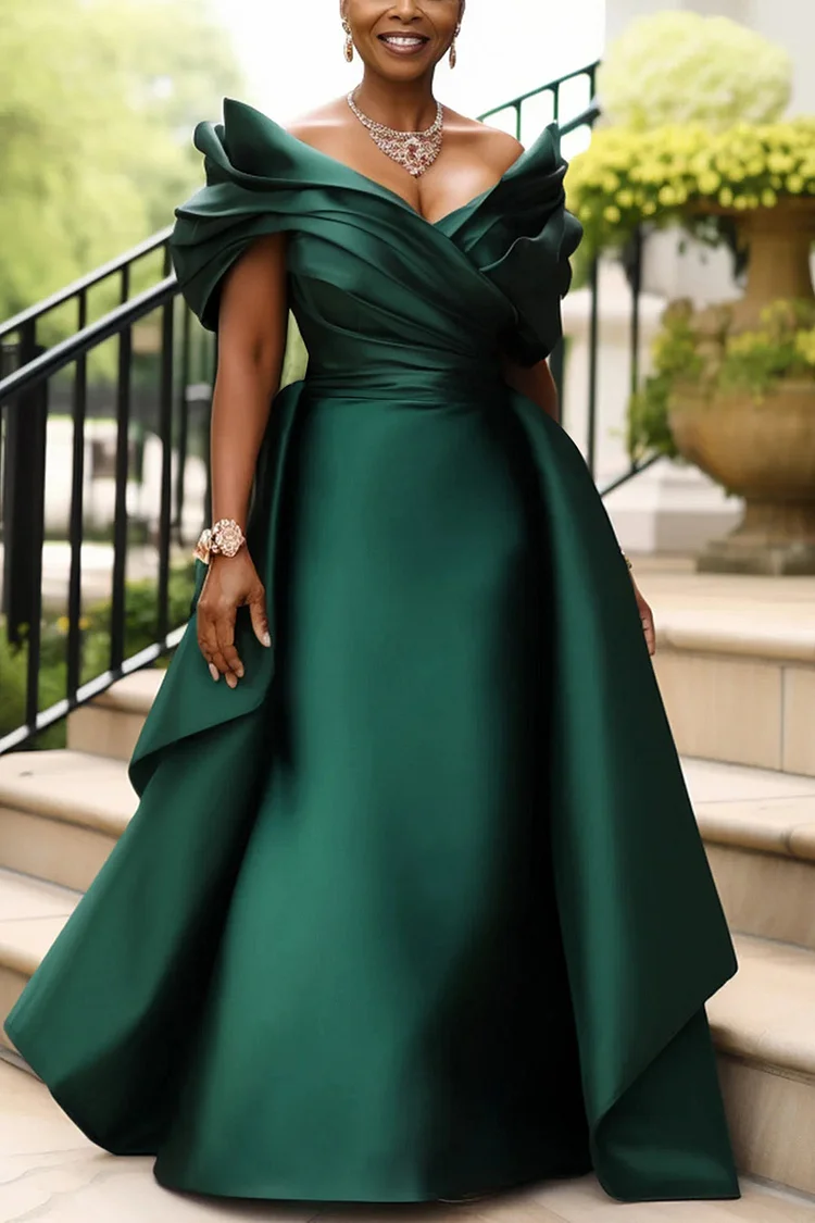 Xpluswear Design Plus Size Formal Champagne V Neck Short Sleeve Peplum Satin Maxi Dresses [Pre-Order]