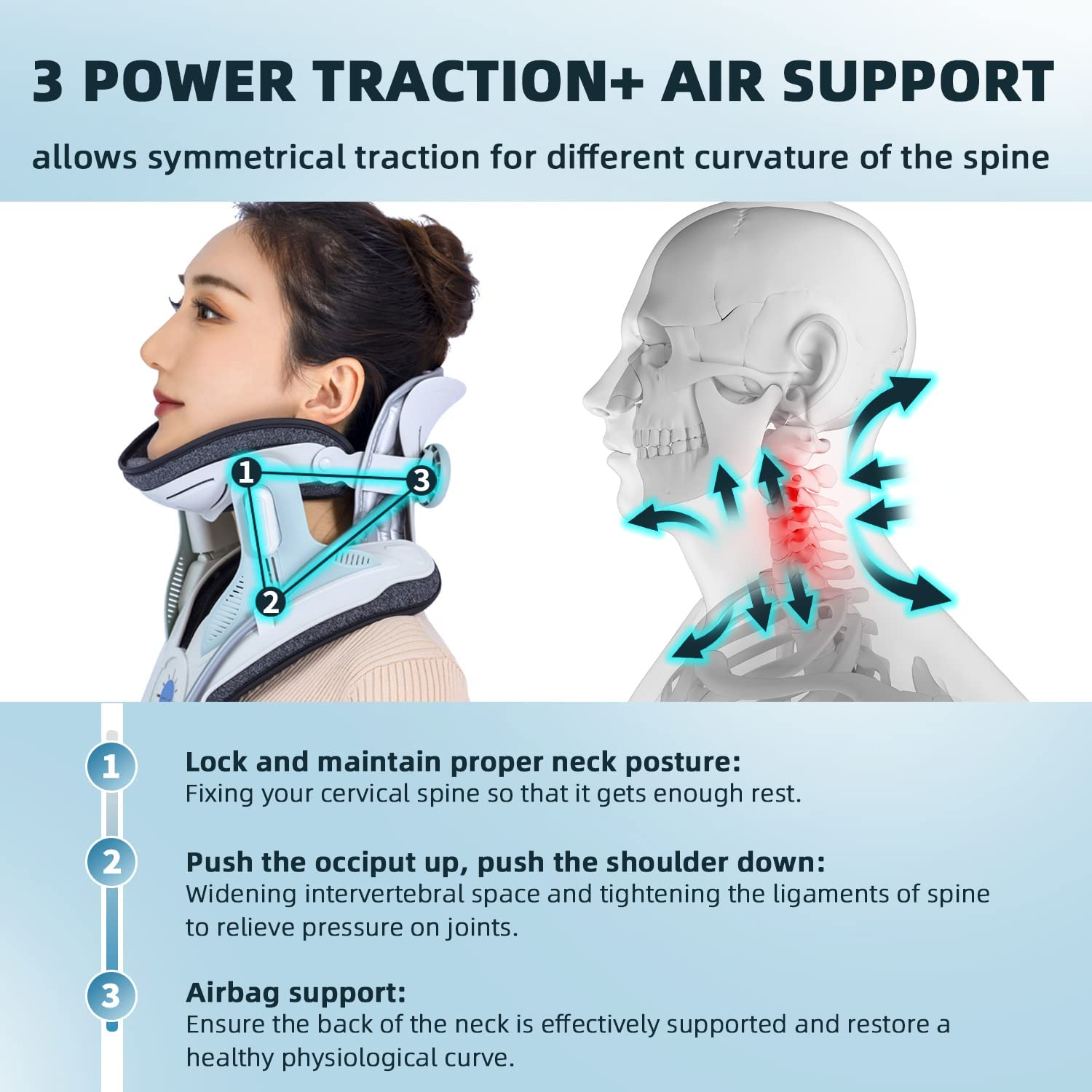 A modern cervical traction device designed to provide neck pain relief. The Cervitrax Gen-2 features an ergonomic design with adjustable straps, comfortable padding, and an easy-to-use inflation pump. The device is shown in use, supporting the user's neck and gently stretching the cervical spine for therapeutic benefits.