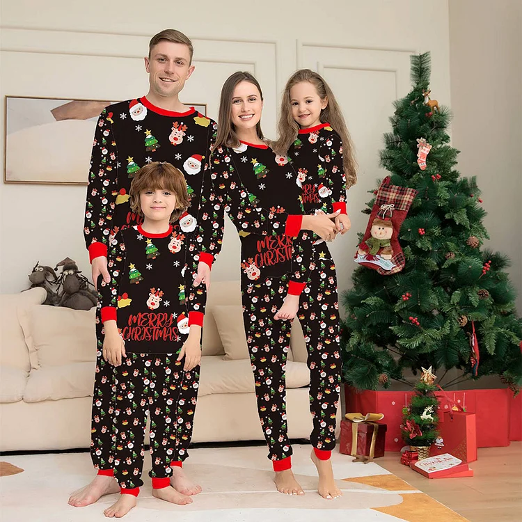 Conjunto de pijamas navideños familiares a juego, pijamas de una pieza con muñecos de nieve negros