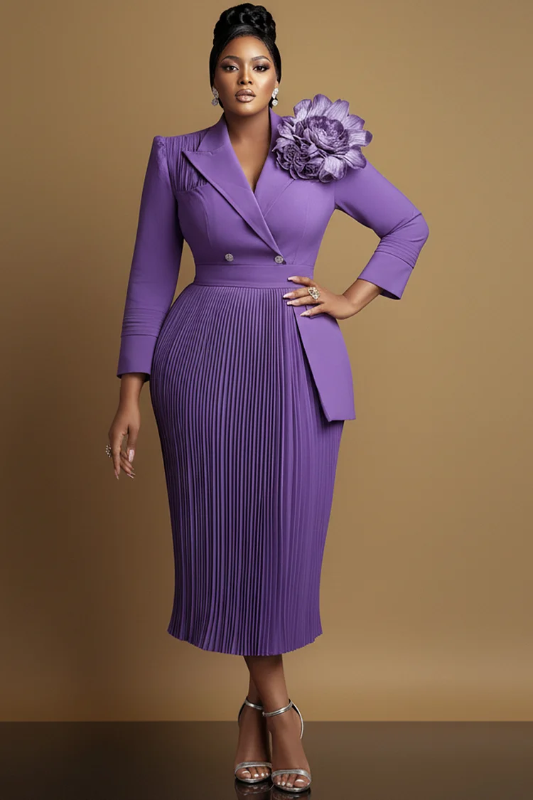 Xpluswear Design Plus Size Formal Purple Turndown Collar Long Sleeve Pleated Elegant 3D Midi Dresses 2024 - Xpluswear