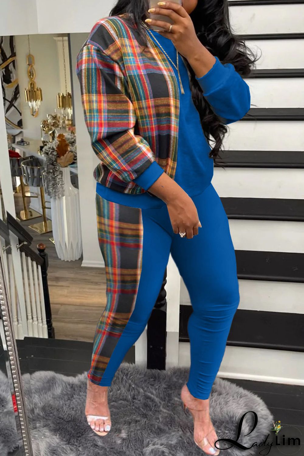 Grey Casual Plaid Print Patchwork O Neck Long Sleeve Two Pieces