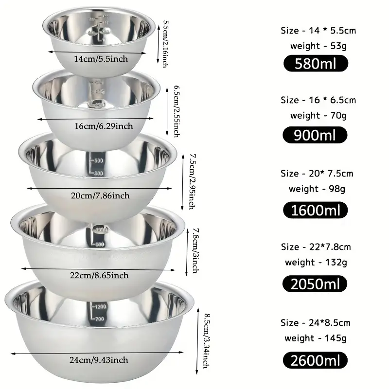 5pcs non slip stainless steel mixing bowls set perfect for kitchen cooking and baking nesting design for easy storage details 1