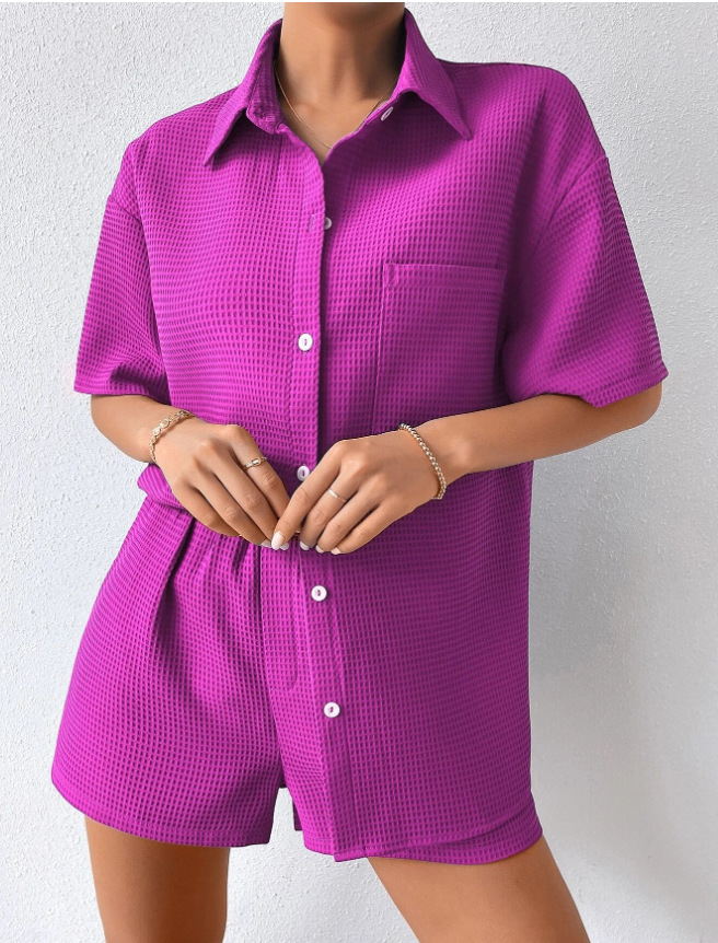 Women Two Pieces Suits Turn Down Collar Short Sleeve Blouses Top With Mini Shorts Summer  Casual Home Clothes Ladies Outfits