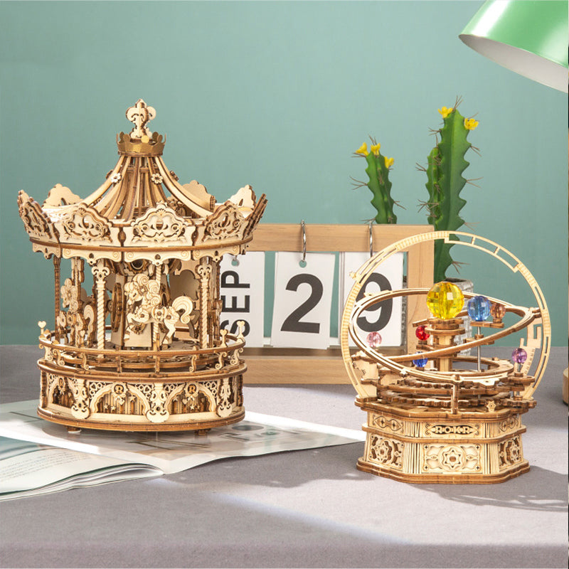 Wooden Romantic Carousel Mechanical Music Box 3D Wooden Puzzle AMK62 10