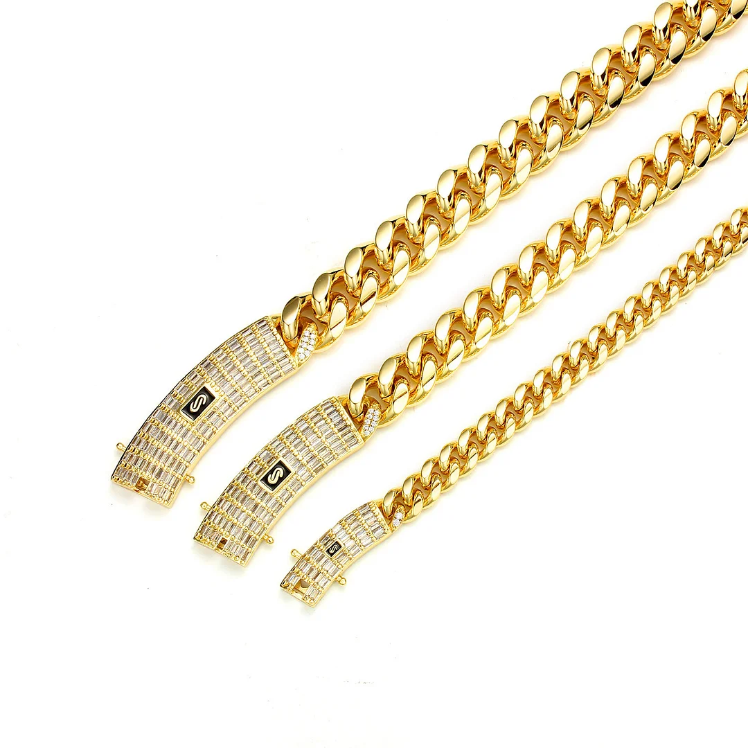Gold Plated Mens Heavy Miami Cuban Link Chain Choker with Lab Diamond Clasp Titanium Stainless Steel Hip Hop Thick 6mm-14mm Necklace