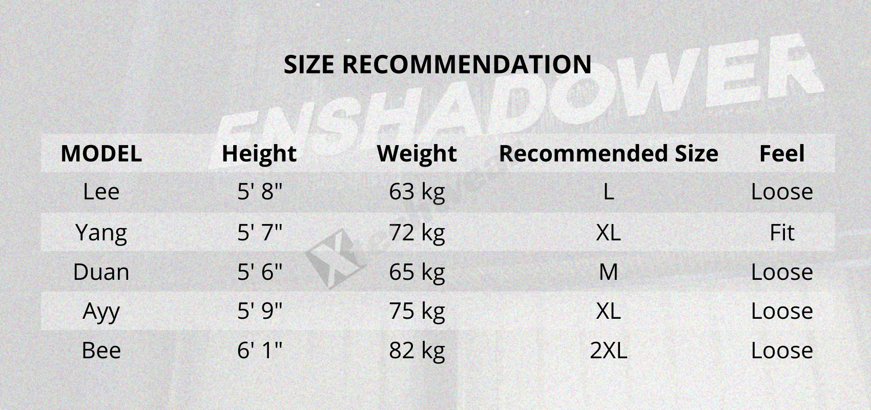 techwear size chart