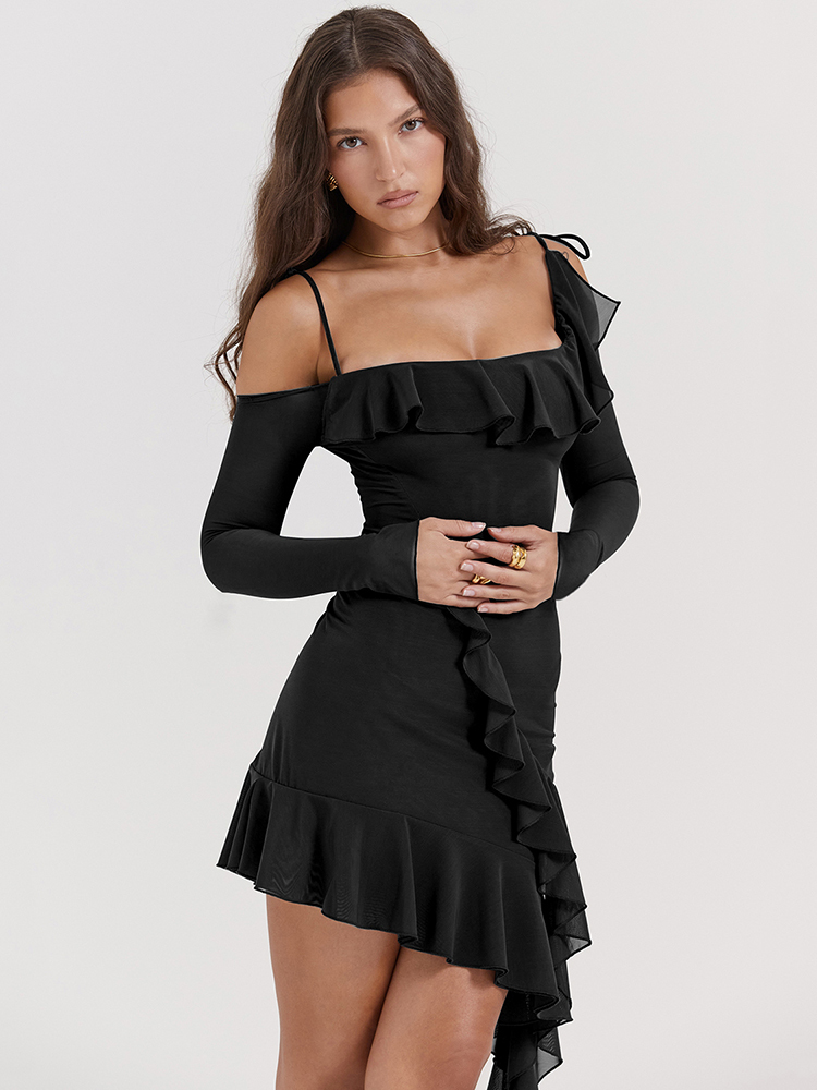 Ootddress Sexy Strap One Line Neck Double Layer Long Sleeve Dress Women's Slim Fit Ruffles Irregular Mini Dress Sweet Party Club