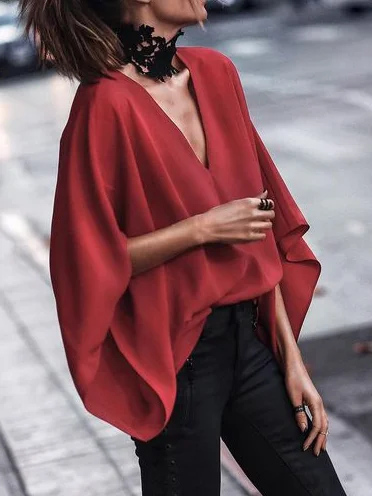Loose Batwing Sleeves Solid Color V-Neck Blouses&Shirts Tops