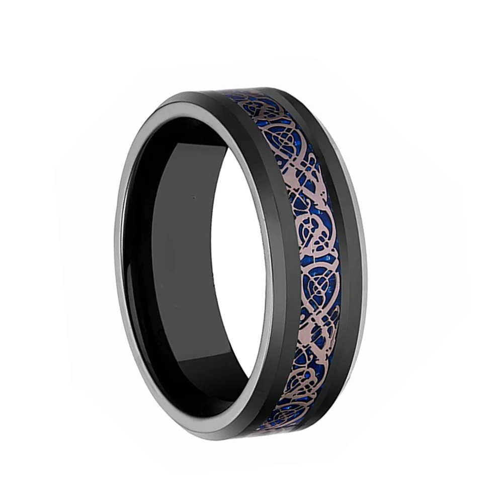 6MM 8MM Men's Tungsten Carbide Rings Blue Carbon Fiber Rose Gold Dragon Pattern Inlay