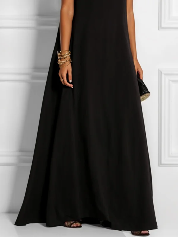 Buttoned Hollow Solid Color Split-Joint Long Sleeves Loose Round-Neck Maxi Dresses