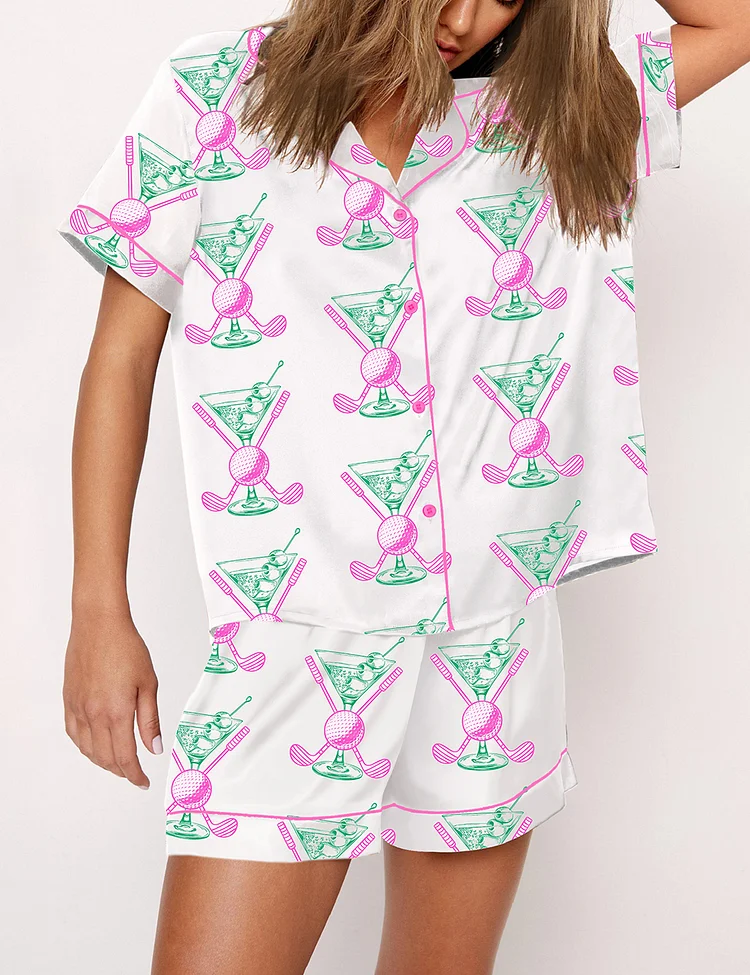 Women’s Golf Cocktail Club Summer Design Short Sleeve Satin Pajama Set