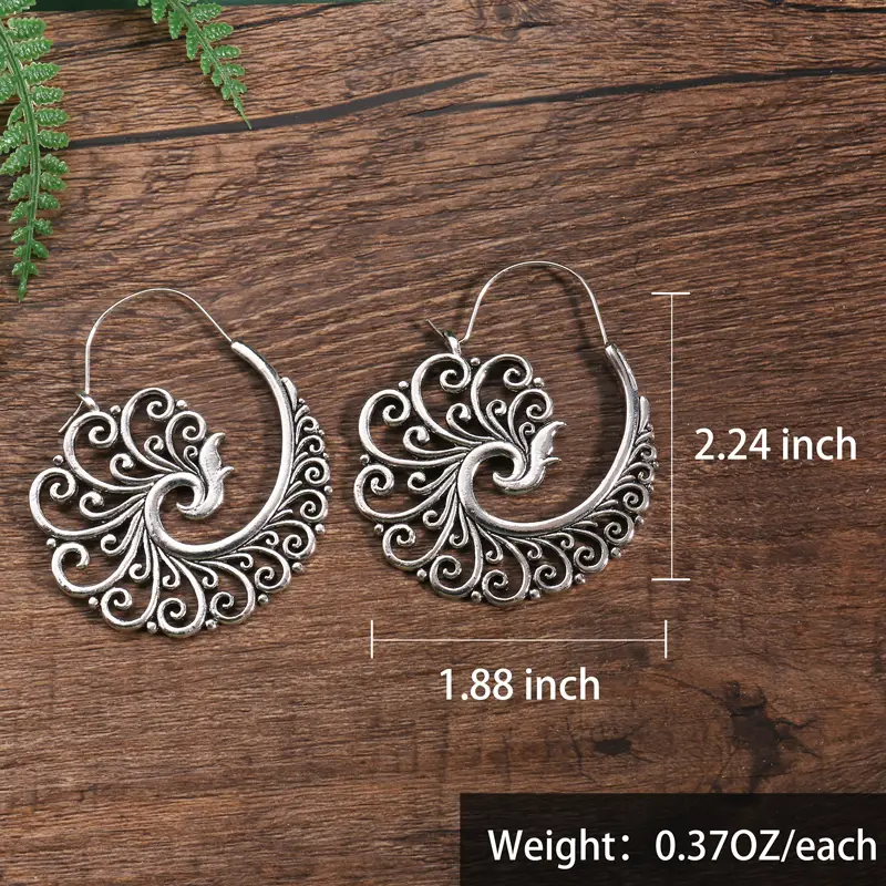 vintage metal   carved cutout peacock earrings boho women simple hoop drop earrings 4