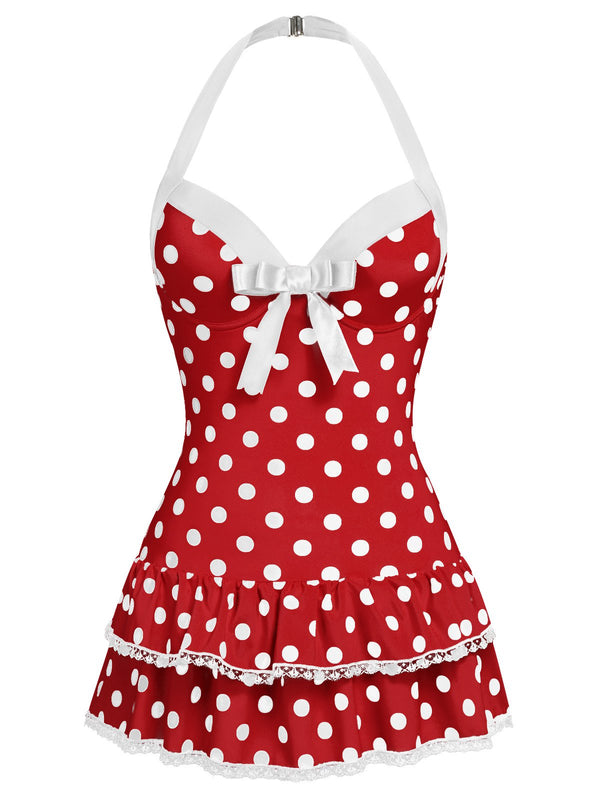 1940S HALTER POLKA DOTS BOW ONE-PIECE SWIMSUIT