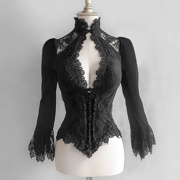 Ursime Lace See-Through Stand Collar Cut Out Flare Sleeve Blouse
