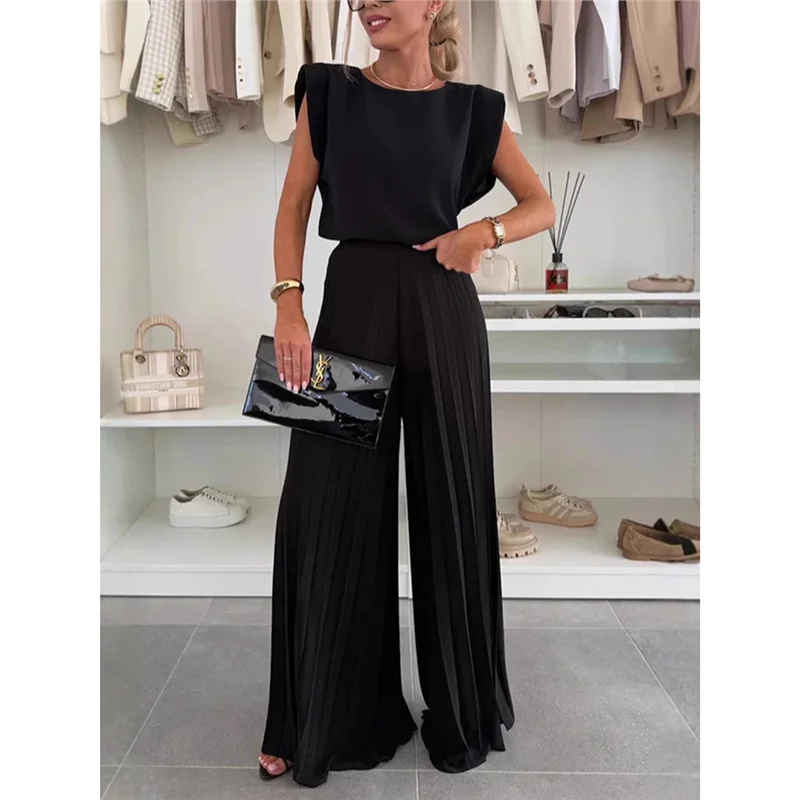 Athvotar Athvotar Summer Wide Leg Trousers Round Collar Sleeveless Top Trousers Two Sets Of Casual Wear