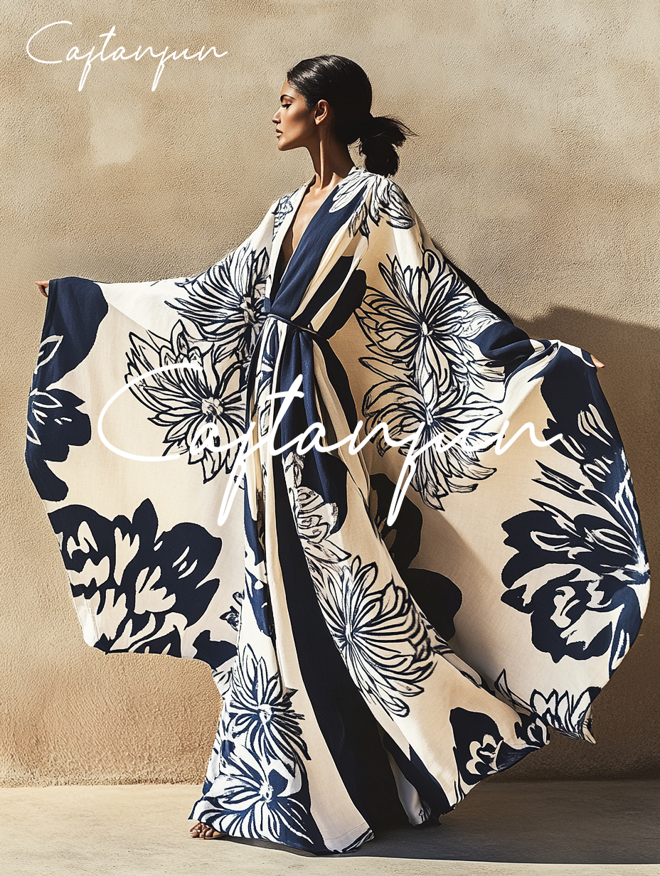 Women's Abstract Flower Bloom Kimono Linen Robe (Including Belt)