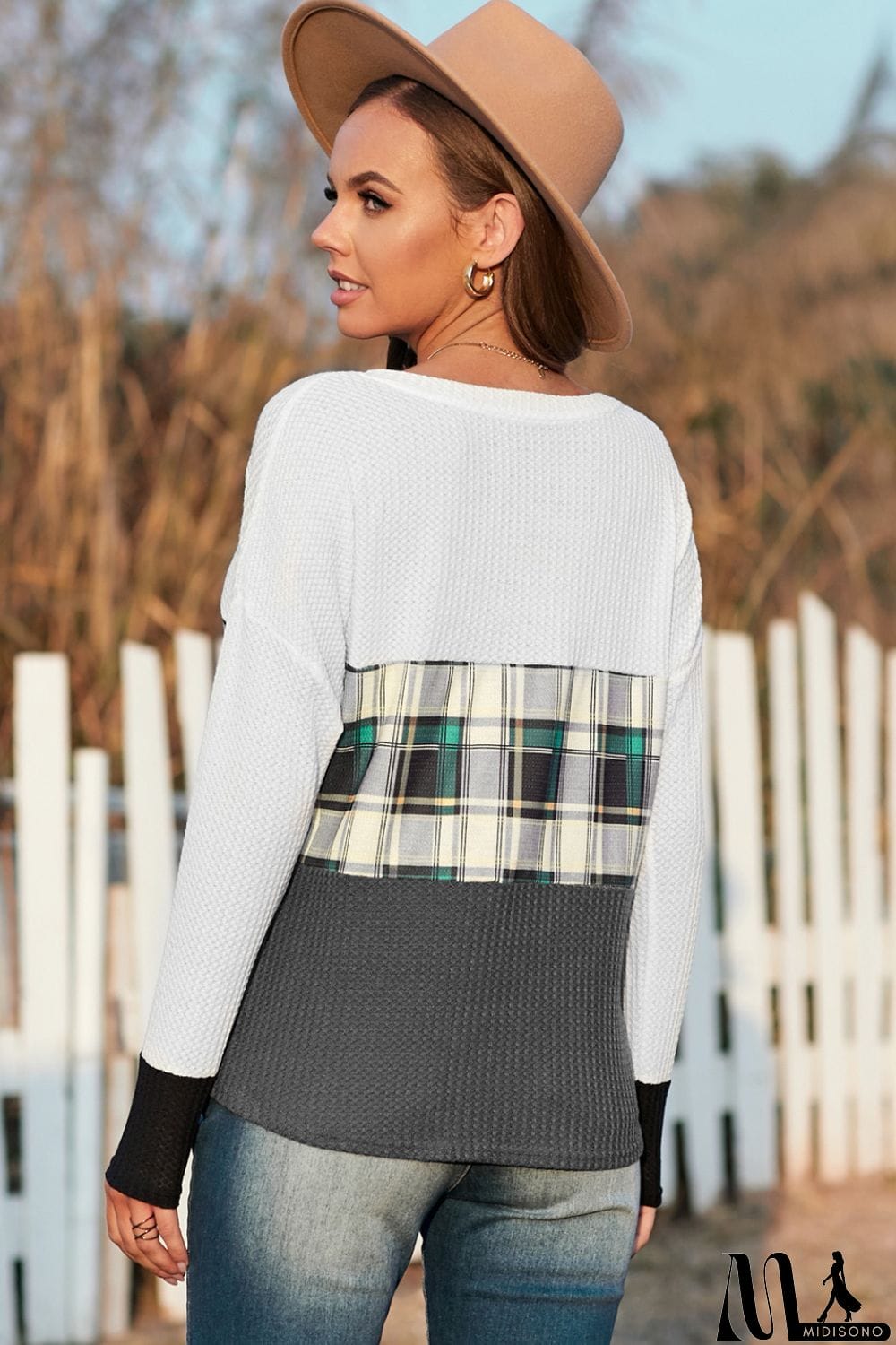 MidiSono - Plaid Color Bock V-Neck Knit Top