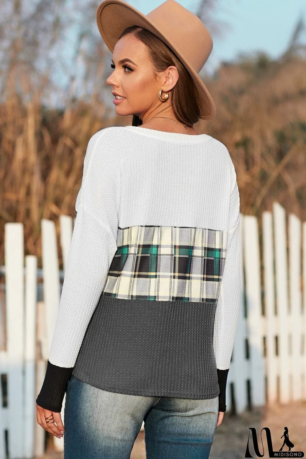 MidiSono - Plaid Color Bock V-Neck Knit Top