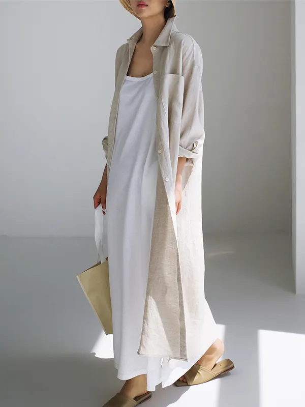 Buttoned Solid Color Split-Side Long Sleeves Loose Lapel Shirt Dress Maxi Dresses
