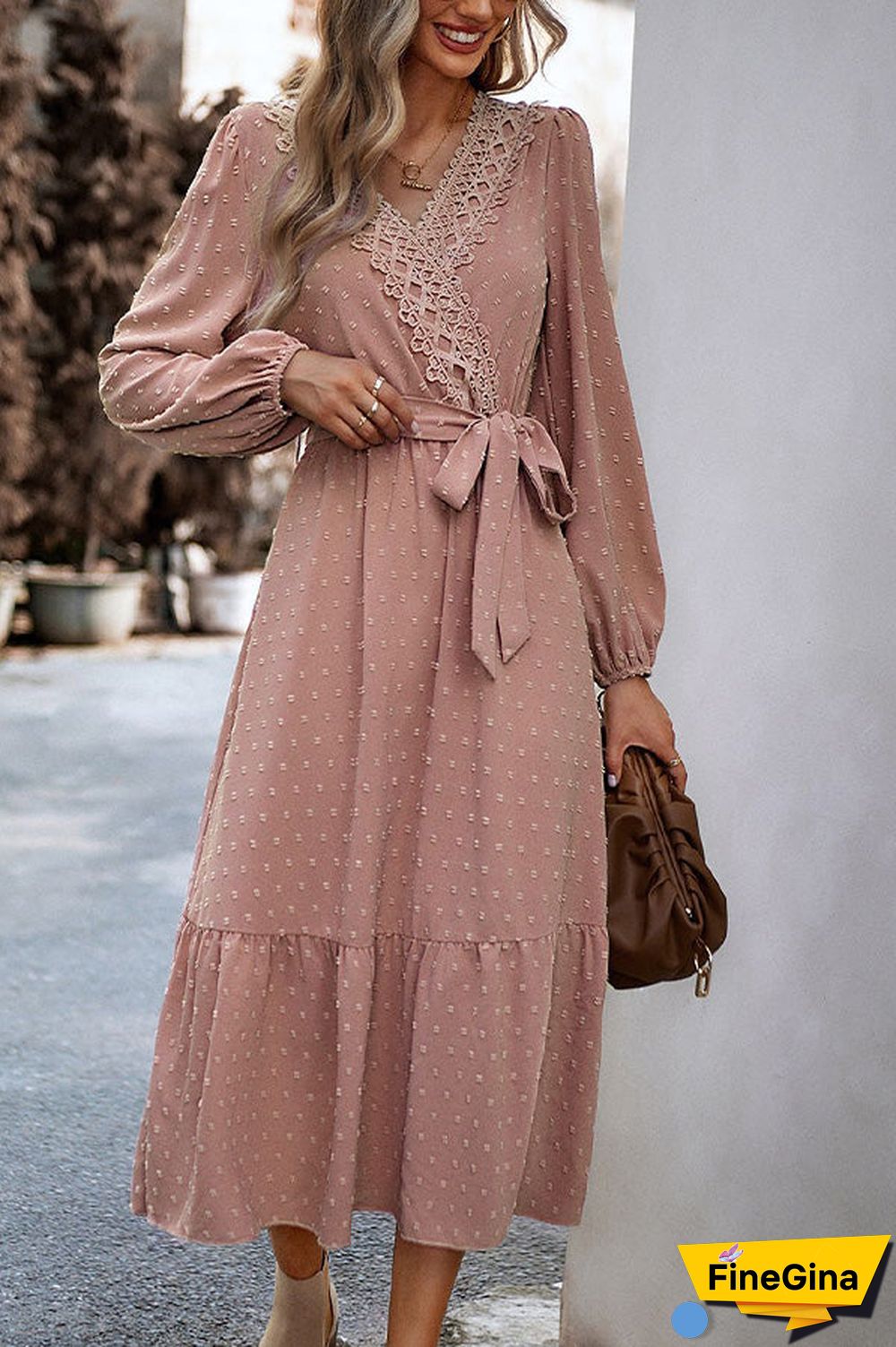 Long Sleeve Tie Waist Elegant Maxi Dress
