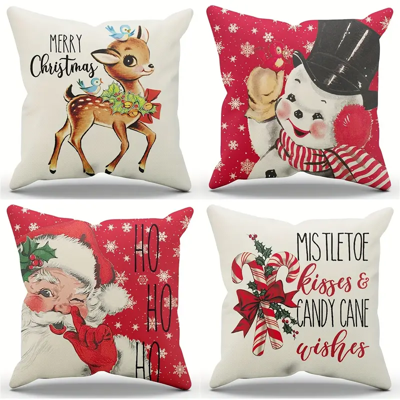 4pcs linen blend christmas decorations pillow covers 18 18 snowflake santa snowman deer bird candy cane xmas rustic winter holiday throw pillows christmas decor cushion cases k031 18 x18 pink red grey details 0