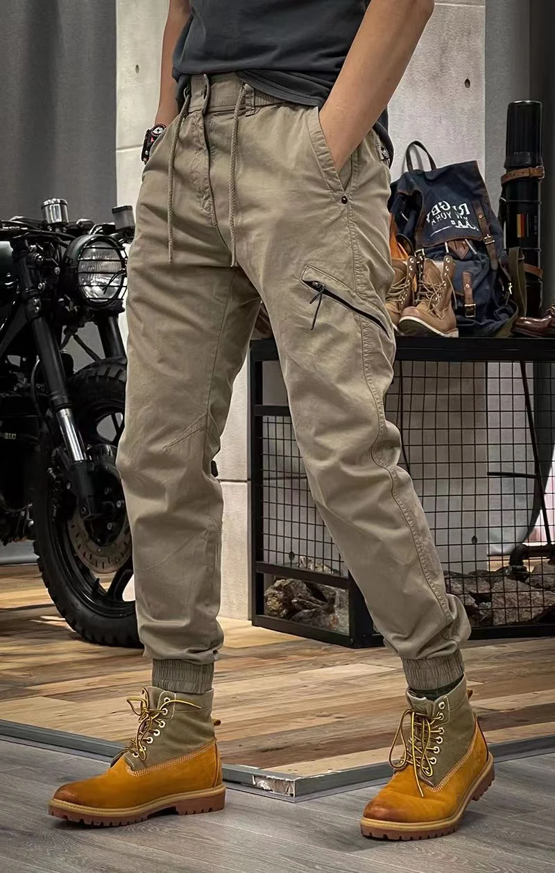 HBFAGFB Men's Cargo Pants Leisure Multi Pocket Foot Mouth Cap Rope Lace up Woven  Trousers Khaki Size M 