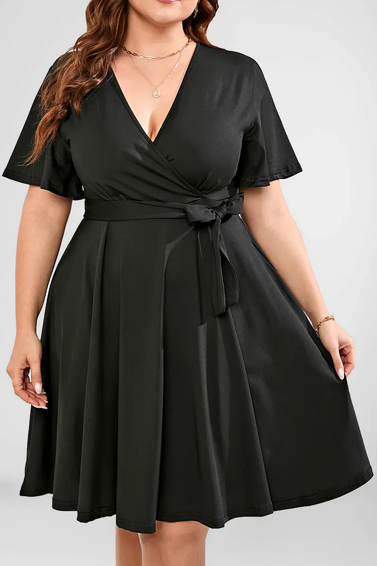 Plus Size Casual Black V Neck Short Sleeve Solid Color Lace-Up Tunic Midi Dress  Flycurvy [product_label]