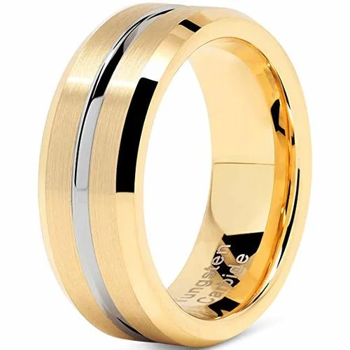 Women's or Men's Tungsten Carbide Wedding Band Matching Rings,14K Yellow Gold Band With Silver Groove High Polish Finish Tungsten Carbide Ring,Beveled Edge With Mens And Womens For Width 4MM 6MM 8MM 10MM