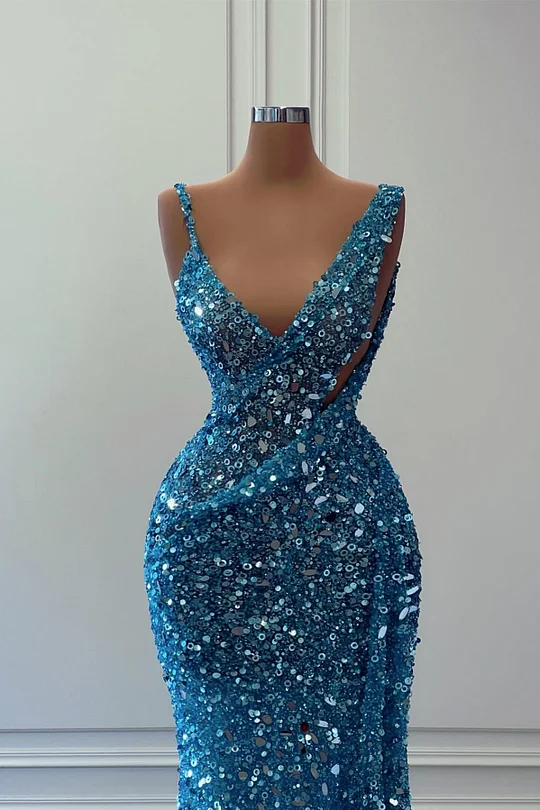Blue Sleeveless Long Sequins Mermaid Prom Dress | Ballbellas Ballbellas