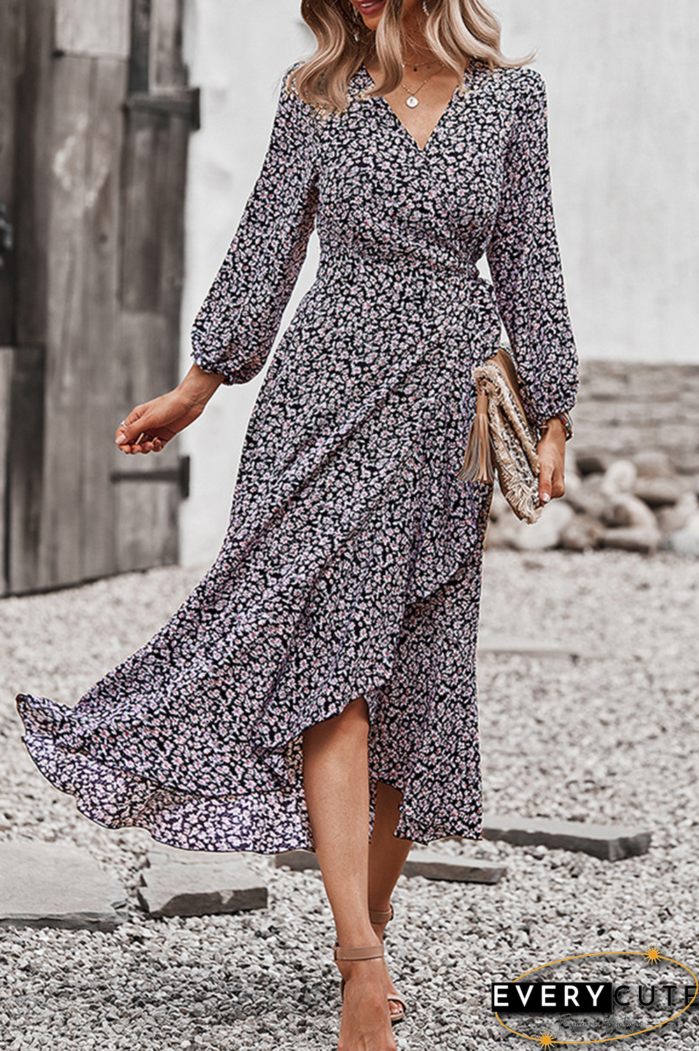 Elegant Floral Flounce Strap Design V Neck A Line Dresses(5 colors)