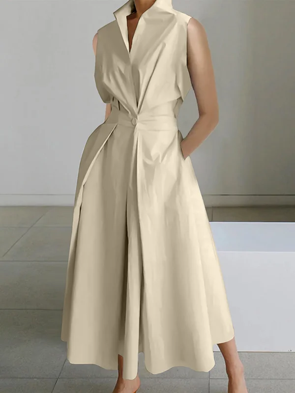Sophisticated Minimalism: Sleeveless Lapel Midi Dresses in Solid Color