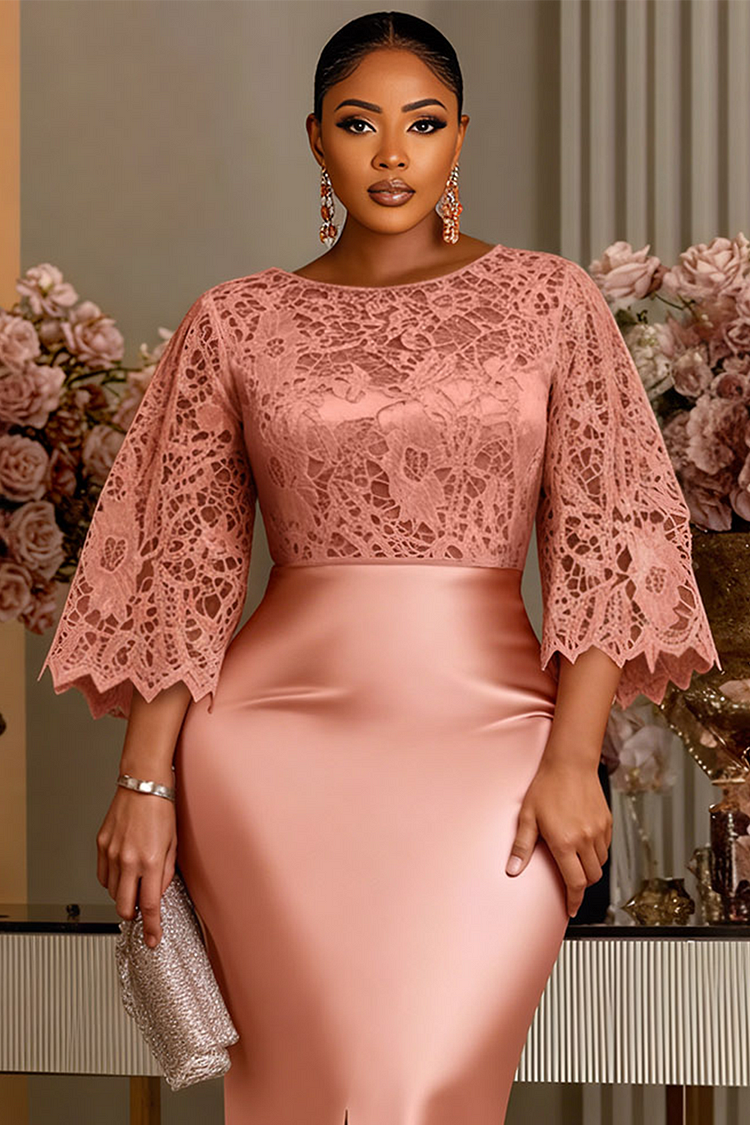 Xpluswear Design Plus Size Wedding Guest Rose Gold Round Neck Flare 3/4 Sleeve Split Elegant Bodycon Satin Midi Dresses [Pre-Order]