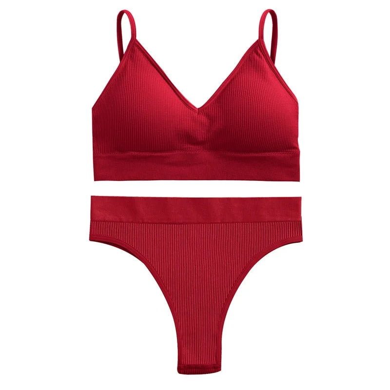 FINETOO Women Seamless Bra Set Push Up 1 Camis+1 Panty Lingerie Sports Underwear Active Sexy Thong Bra Fitness Bikini Crop Top