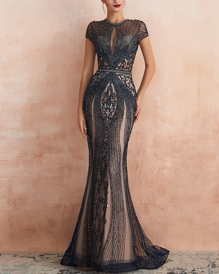 Women's Round Neck Short Sleeve Hollow Sequin Dress - 01