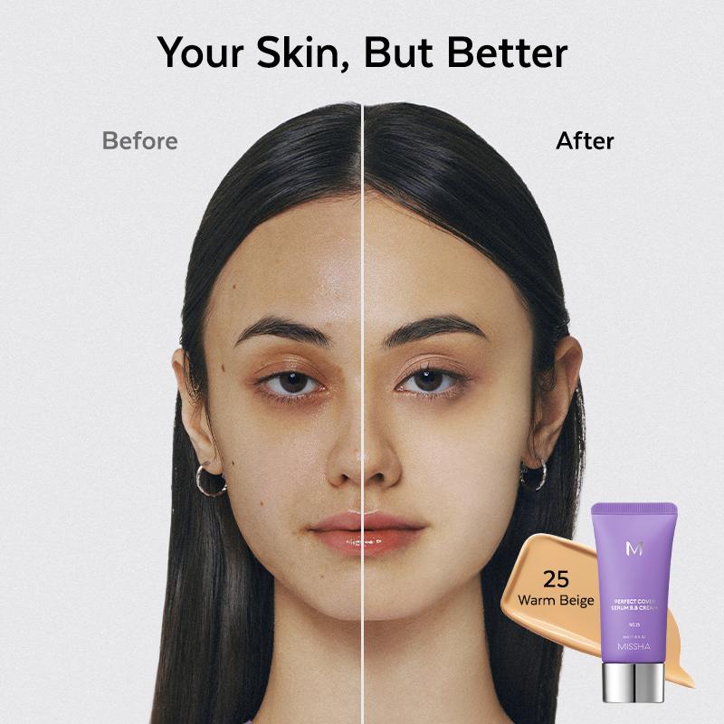 [MISSHA Official] M Perfect Cover Serum BB Cream (35ml) - Bifida Ferment Lysate Serum-Infused BB Cream for Anti-Aging Skin Rejuvenation, Skin Tint, Tinted Moisturizer, Skin Care Foundation Makeup,Superfood Complex,Glass Skin CardiBB OGBB PurpleBB