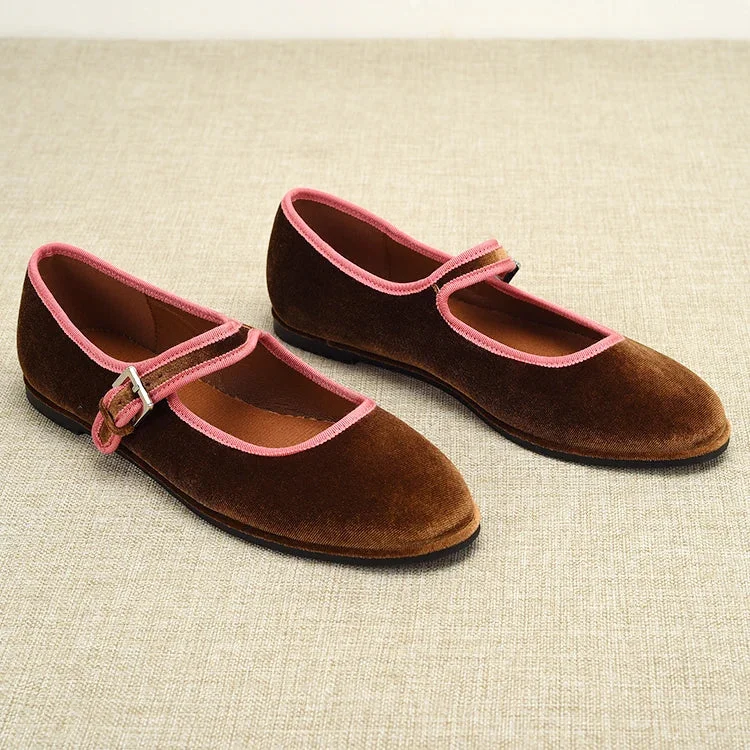Spanish style Flats Round Toe Women's Shoes Velvet Flats Fashion Mary Jane Shoes Women Shoes Green Blue Brown