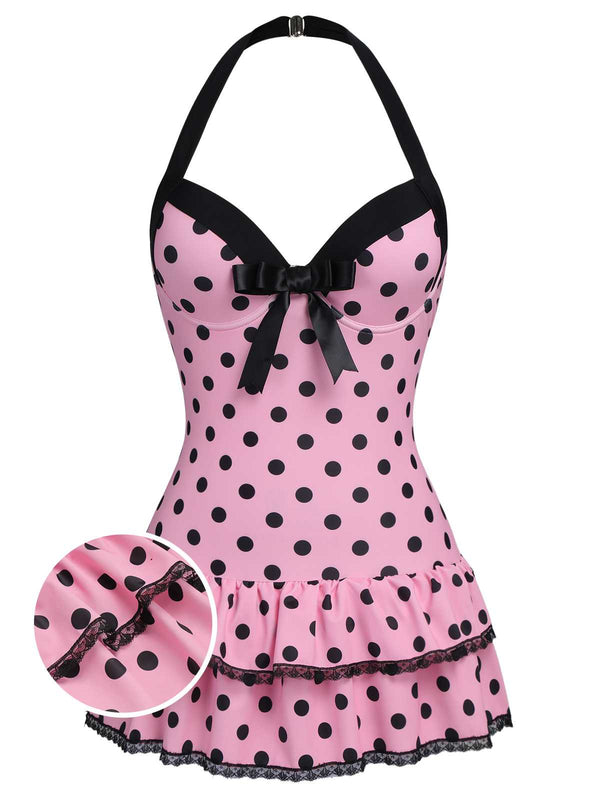 1940S HALTER POLKA DOTS BOW ONE-PIECE SWIMSUIT