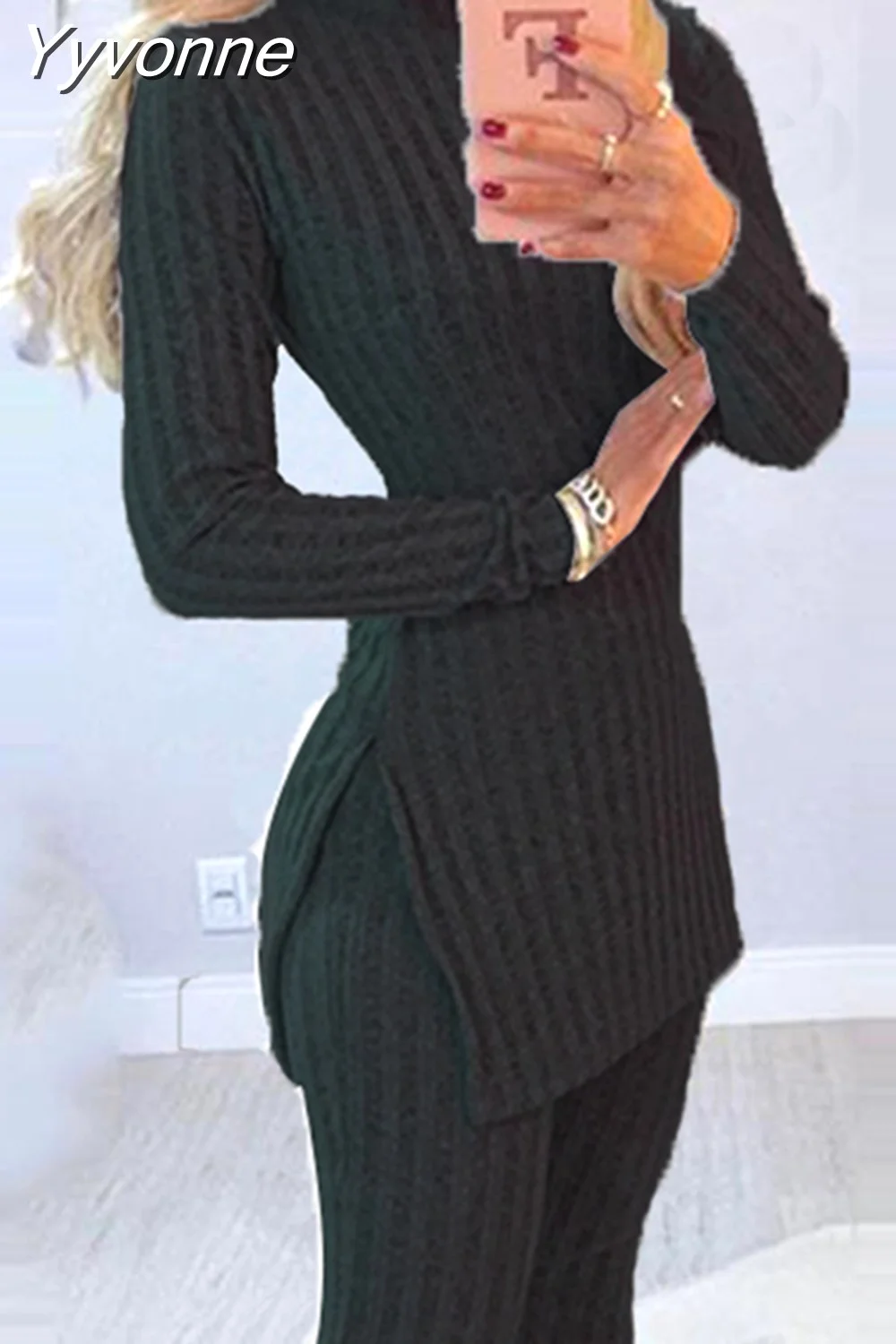 Yyvonne Women Winter 2pcs Suit Long Sleeve Ribbed Slit Long Top and High Waist Knitted Pencil Pants Set
