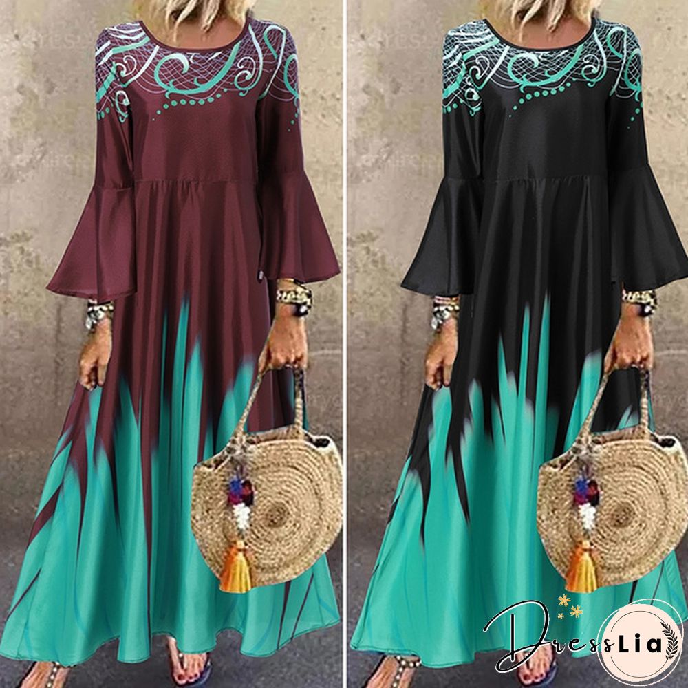 Women Kaftan Party Color Printed Long Shirt Dress Casual Flare Sleeve O Neck Slim Maxi Sundress