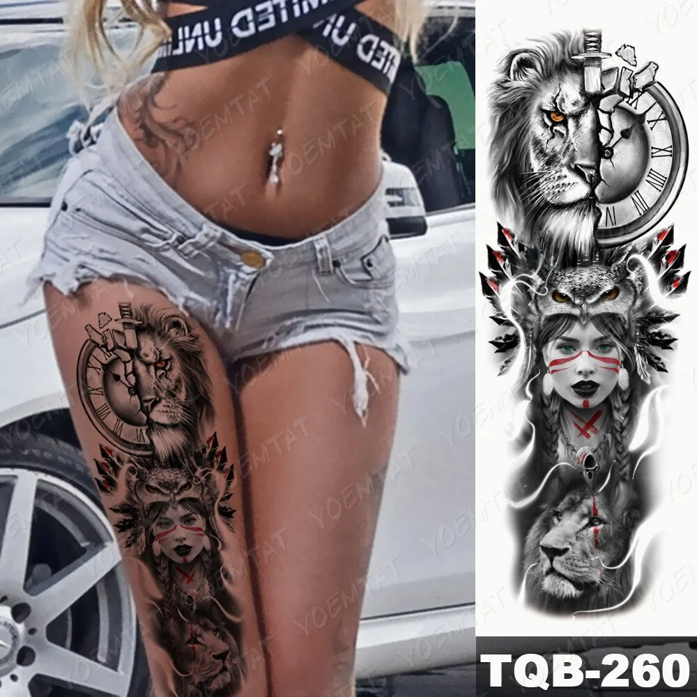 Large Arm Sleeve Tattoo Lion Cross Prayer Waterproof Temporary Tatto Sticker Tiger Beach Compass Body Art Full Fake Tatoo Men