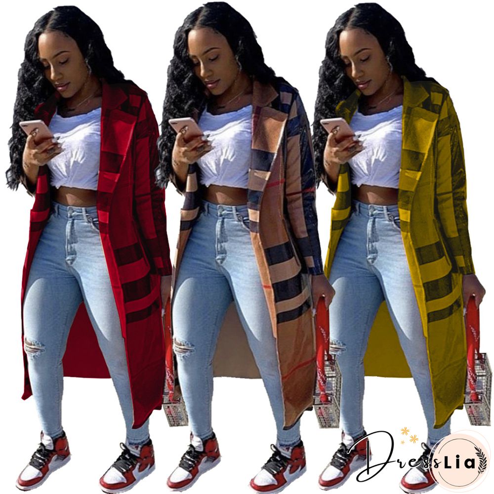 Women's Plaid Print Long-sleeved Lapel Long Coat