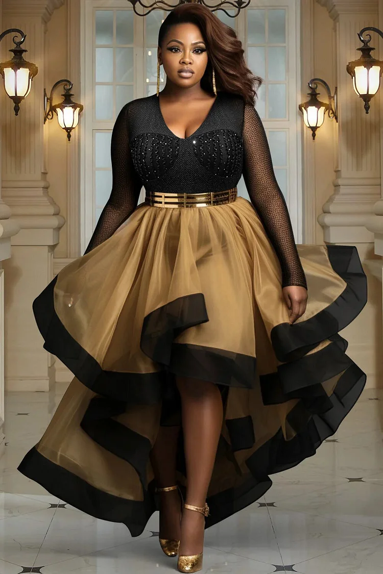 Xpluswear Design Plus Size Cocktail Party Black Gold V Neck Long Sleeve High Low Hem Tulle Midi Dresses [Pre-Order]