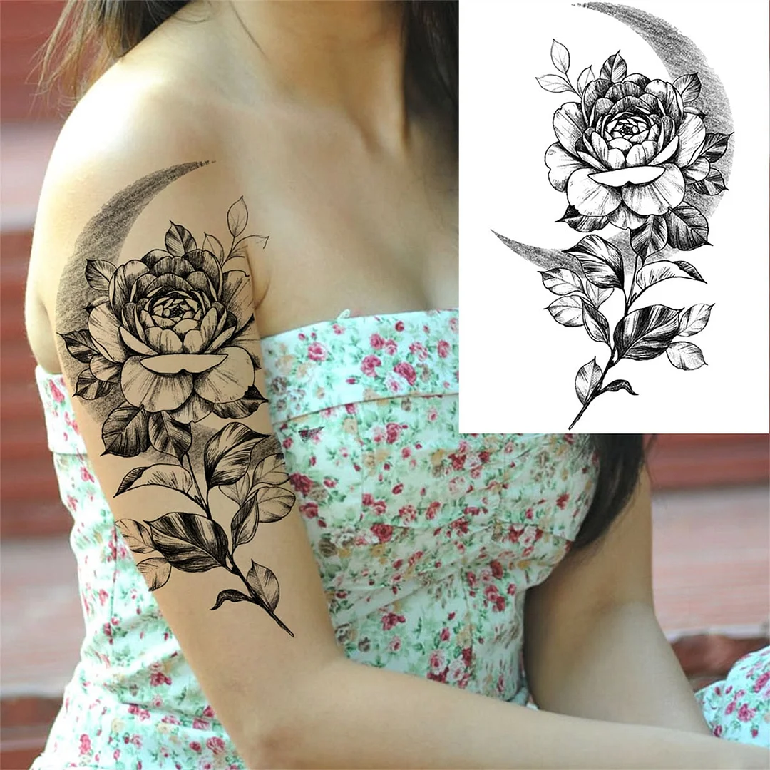 Flower Skull Temporary Tattoos For Women Men Adults Evil Skeleton Tattoo Sticker Fake Lavender Big Rose Black Tatoos Body Thigh