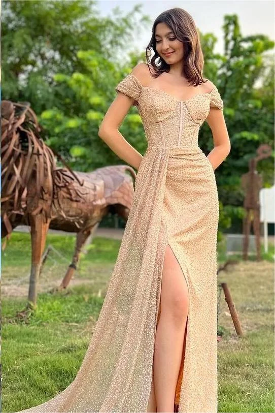 Lussooy Exquisite Off the Shoulder Dusty Blue Sequins Beadings Prom Dress with Split 