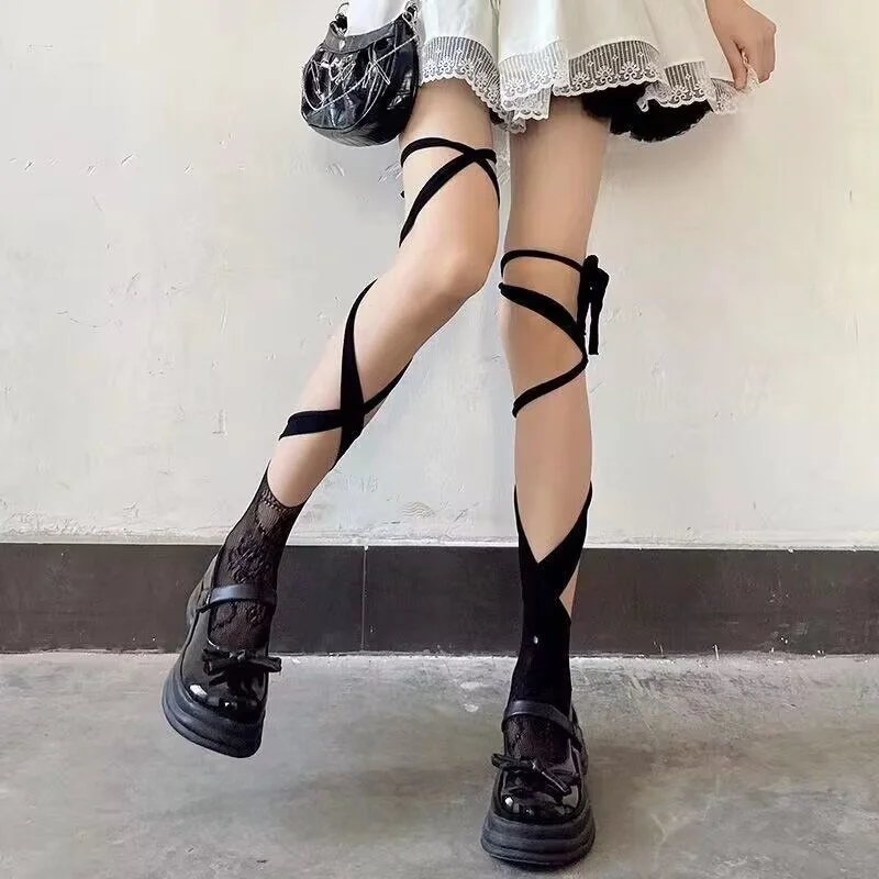Cross-strap Calf Socks-Thin Lace Hollow Knee High Socks Lolita Style