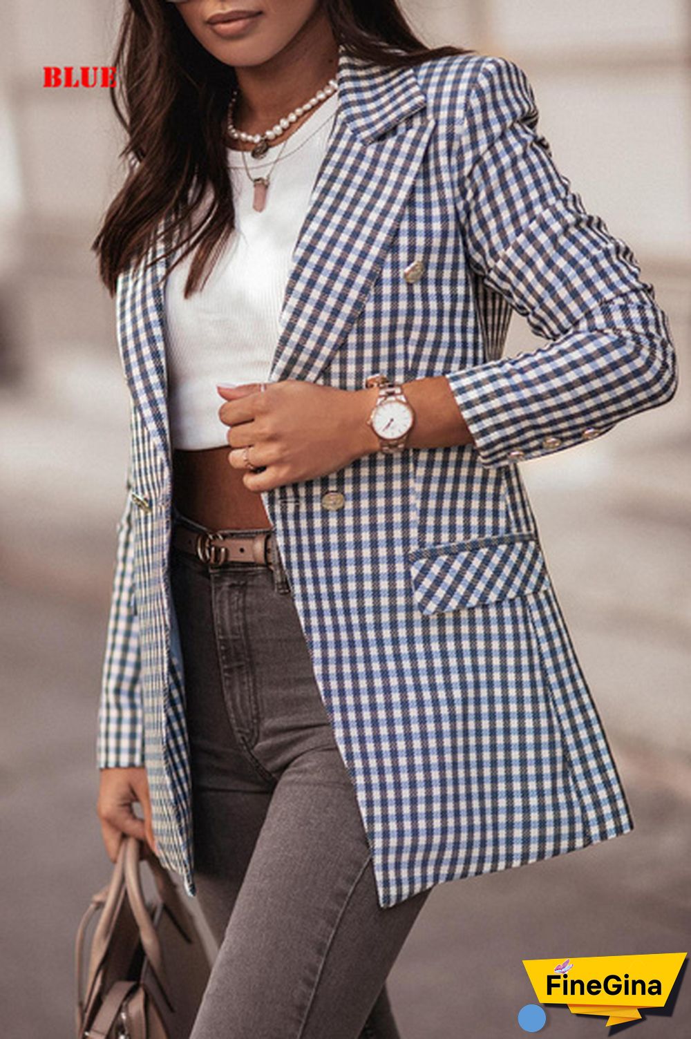 Autumn And Winter New Ladies Double-Breasted Plaid Long-Sleeved Printed Temperament Blazer
