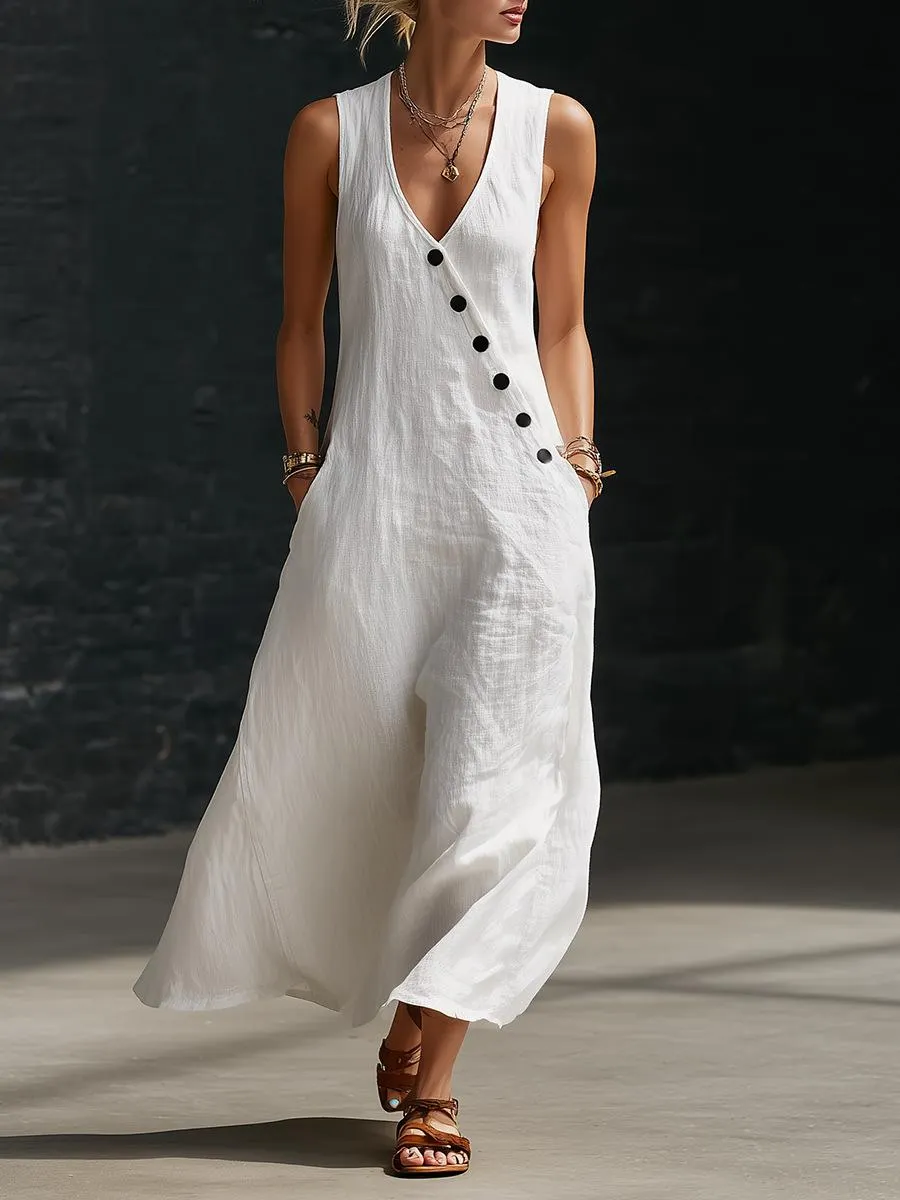 Boho Leinen Maxikleid - Perfekt für Strand, Urlaub & Brunch! Ärmelloses V-Ausschnitt-Kleid mit Knopfdetails und Taschen # ÄrmellosesKleid # Freizeitkleid # Sommerkleid # BohoMode # V-AusschnittKleid # KleiderFürFrauen # OutfitDesTages
